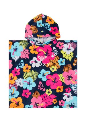 Poncho-serviette à capuche avec un motif coloré de fleurs et de feuilles tropicales sur fond bleu marine, avec le logo "Roxy" au centre.
