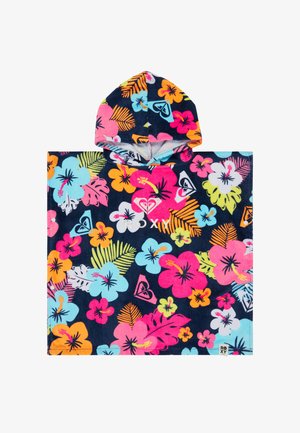 Poncho z kapturkiem, ręcznik z kolorowym wzorem tropikalnych kwiatów i liści na granatowym tle, z logo "Roxy" na środku.