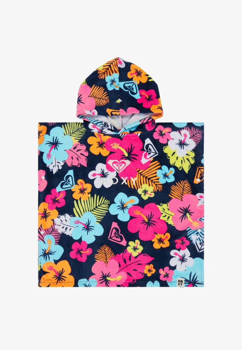 Poncho z kapturkiem, ręcznik z kolorowym wzorem tropikalnych kwiatów i liści na granatowym tle, z logo "Roxy" na środku.