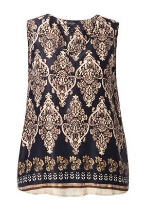 Marineblauwe mouwloze blouse met een V-hals, voorzien van een ingewikkeld gouden bloemen- en damastpatroon, soepel materiaal en een zoom met een decoratieve rand.