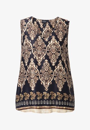 Marineblauwe mouwloze blouse met een V-hals, voorzien van een ingewikkeld gouden bloemen- en damastpatroon, soepel materiaal en een zoom met een decoratieve rand.