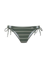 Gestreifte Bikinihose in Dunkelgrün und Beige, mit seitlichen Bindebändern, sanfter Textur und mit mittelhohem Schnitt.