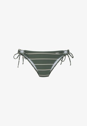 Gestreepte bikini onderkant in donkergroen en beige, met strikjes aan de zijkanten, met een soepele textuur en een middelhoge taille.