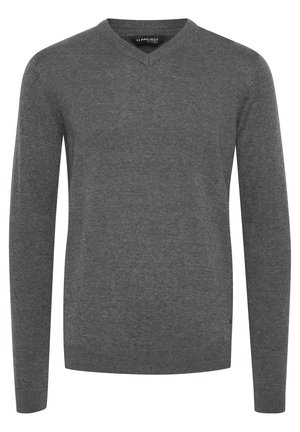 Grå V-hals genser med lange ermer, laget av et glatt strikket stoff. Har ribbestrikkede mansjetter og kant, minimalistisk design uten mønstre eller dekorasjoner.