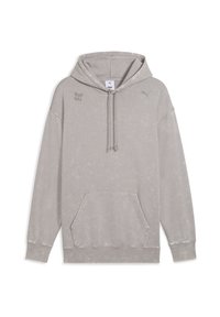 Lys grå hoodie med snoretræk, frontlomme og subtile logo accenter. Blød tekstur, afslappet pasform og ribbbede manchetter.