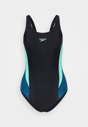 Μαύρο μαγιό με τιρκουάζ και μπλε λεπτομέρειες στα πλάγια. Κατασκευασμένο από υλικό με ελαστικότητα, διαθέτει στρογγυλή λαιμόκοψη και φαρδιές τιράντες.