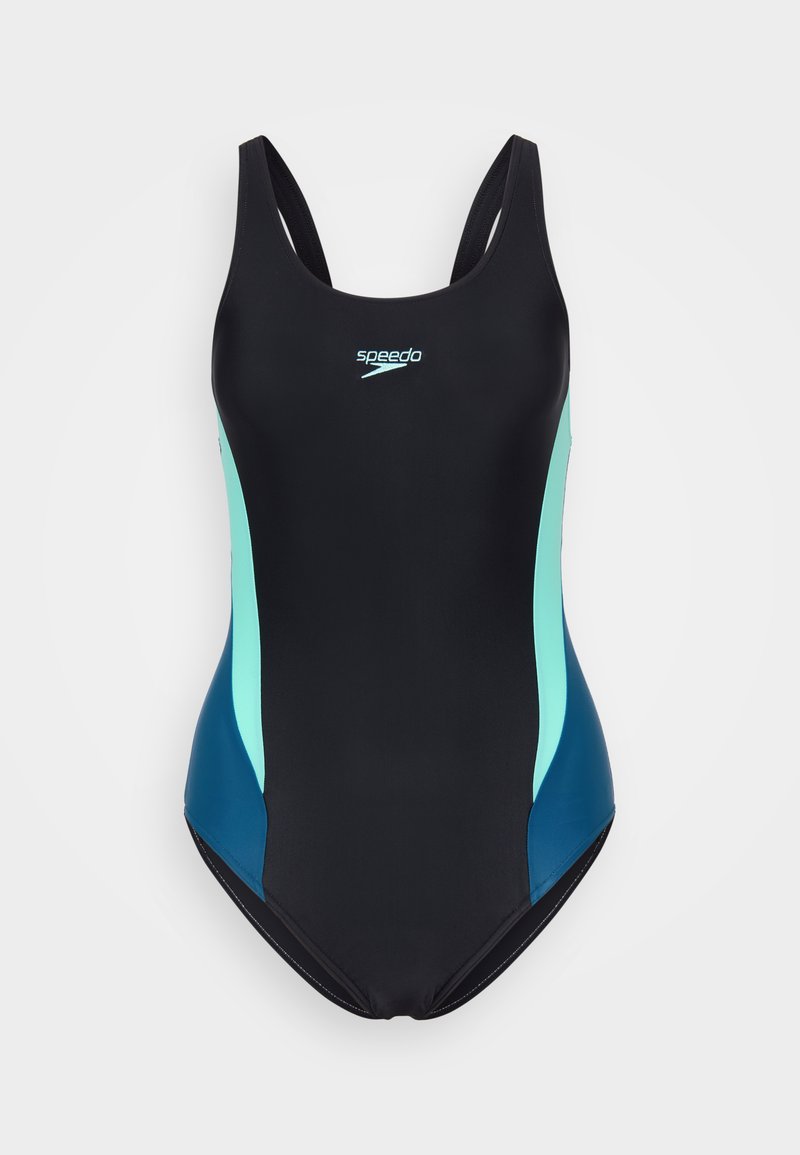 Costume da bagno nero con accenti turchesi e blu sui lati. Realizzato in materiale elastico, presenta un collo a barca e spalline larghe.