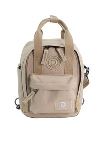 Beige canvas backpack with two top handles, front pocket, and side loops. Zipper closure with logo patch and textured fabric details.