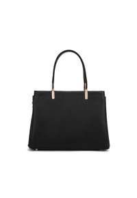 Zwart textuurwaardig leren handtas met een gestructureerde vorm, dubbele handvatten en accenten van goudkleurig beslag. Met ritsluiting en een vlakke bodem.