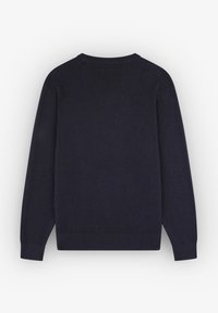 Pulover albastru marin dintr-un material moale, având un gât clasic, mâneci lungi și manșete și tiv din țesătură cu model rib.