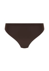 Sous-vêtements bikini bruns sans couture avec une taille basse. Fabriqués en tissu lisse et extensible avec des ouvertures de jambe standards et une silhouette minimaliste.