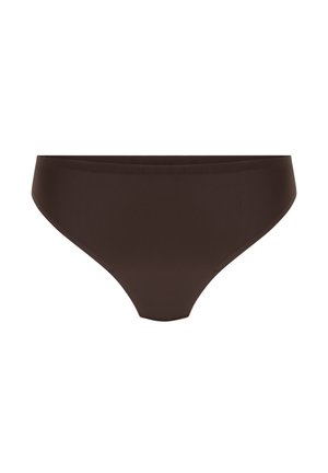 Bruine naadloze bikini ondergoed met een lage taille. Gemaakt van soepel, rekbaar materiaal met standaard beenopeningen en een minimalistisch silhouet.