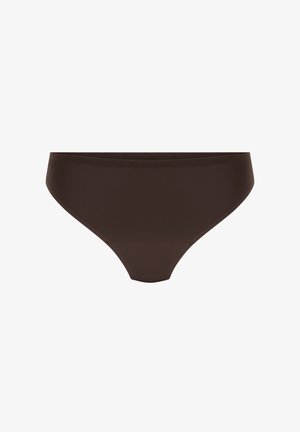 Bruine naadloze bikini ondergoed met een lage taille. Gemaakt van soepel, rekbaar materiaal met standaard beenopeningen en een minimalistisch silhouet.