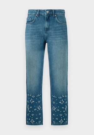 Blue denim jeans with a straight cut, featuring floral embroidery and embellishments at the hem and five-pocket design.