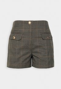 Pantaloni corti a quadri verde scuro con un motivo a scacchi discreto, dotati di due tasche frontali e dettagli in metallo dorato. Tessuto morbido.
