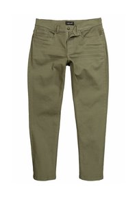 Pantalones verde oliva hechos de una mezcla de algodón, con cinco bolsillos, cierre de cremallera y botón, y piernas rectas y ajustadas con una textura suave.