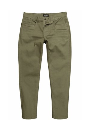 Pantaloni verde oliva realizzati in tessuto misto cotone, dotati di cinque tasche, chiusura con zip e bottone, e gambe dritte affusolate con una texture liscia.