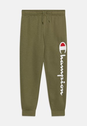 Pantaloni della tuta verde oliva con vita elastica, dotati di cordino, polsini alla caviglia e grande logo Champion bianco con accento rosso.