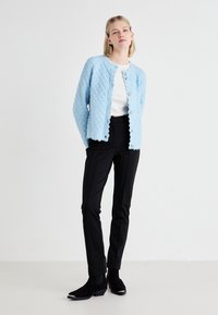 Ljusblå texturerad cardigan med skårad nederkant och knappar, ihop med svarta slim-fit byxor och ankelskoot med silverdetaljer.