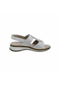 Silver sandals with an open toe and cross-straps, featuring a textured upper and a cushioned sole for comfort. Low wedge heel design.