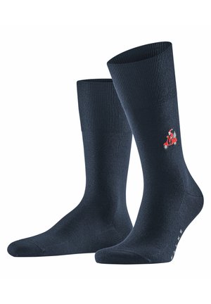 Dark blue socks with ribbed cuffs, a smooth texture, and a small red scooter embroidered design on the side.