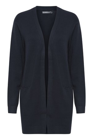 Mörkblå cardigan med öppen framsida, långa ärmar, sidofickor och ribbat nederkant och ärmslut. Tillverkad av mjukt, strukturerat tyg.