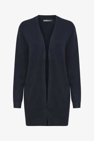 Dark navy cardigan with an open front, long sleeves, side pockets, and a ribbed hem and cuffs. Made from soft, textured fabric.