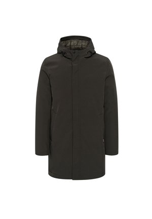 Parka verde oscuro con capucha, que cuenta con un forro acolchado, cremallera frontal, bolsillos laterales y cordones ajustables en el cuello.