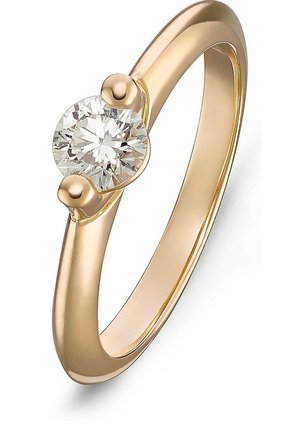 Goldring mit einem runden, funkelnden Diamanten, der in einem minimalistischen Design mit glatten, polierten Oberflächen und subtilen abgerundeten Akzenten gesetzt ist.