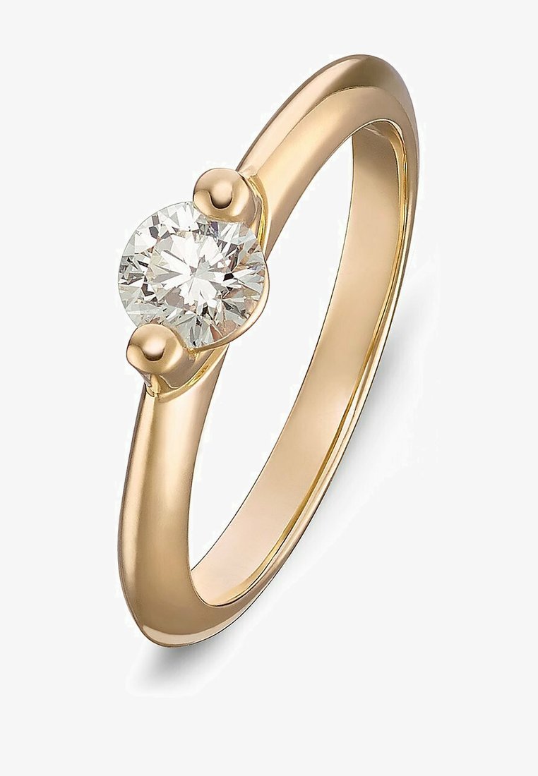 Goldring mit einem runden, funkelnden Diamanten, der in einem minimalistischen Design mit glatten, polierten Oberflächen und subtilen abgerundeten Akzenten gesetzt ist.