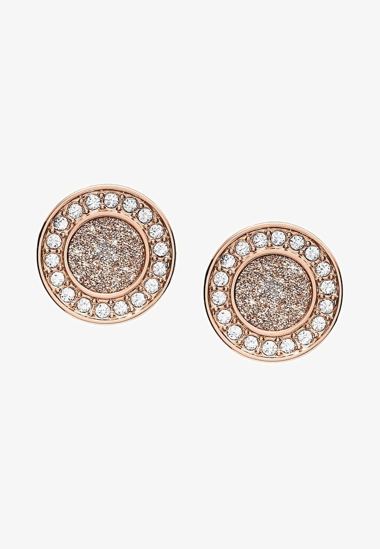 Boucles d'oreilles clous rondes en or rose avec un centre scintillant et un cercle de cristaux clairs autour du bord.