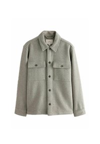 Grå uld skjortejakke med knaplukning, to brystlommer og krave. Blød tekstur, let oversized design, ingen synlige mønstre.