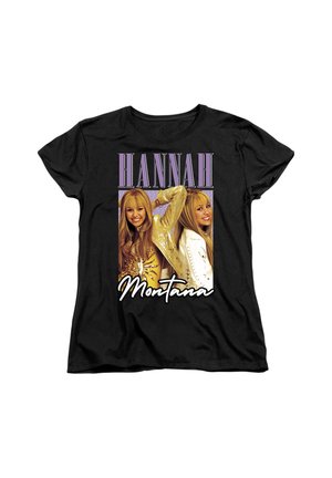 Schwarzes T-Shirt mit zwei lächelnden jungen Frauen, die Rücken an Rücken posieren und gold-weiße Jacken tragen, mit dem Schriftzug „Hannah Montana“ in fetter Schrift.