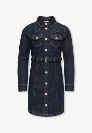 Tmavomodré rifľové šaty s dlhými rukávmi, gombíkovým zapínaním vpredu, pásikom v páse, dvoma náprsnými vreckami s gombíkmi a kontrastným prešívaním.