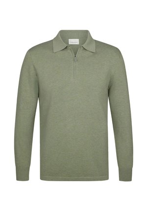 Bluza z długim rękawem w stonowanym zielonym kolorze, z półzamkiem przy dekolcie, ściągaczami na mankietach i miękką dzianinową fakturą. Bez wzorów i zdobień.