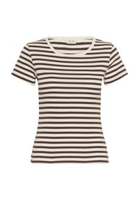 T-shirt à manches courtes rayé dans des couleurs marron foncé et crème. Design ajusté avec une texture côtelée et un col rond.