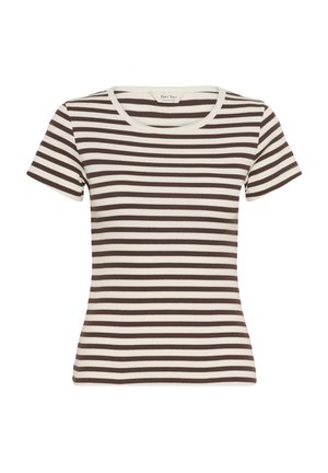 Raidallinen lyhythihainen t-paita kreemissä ja tummanruskeassa, jossa on pyöreä kaula-aukko ja ribbikuvio, vartalonmyötäinen malli tiukkaan istuvuuteen.
