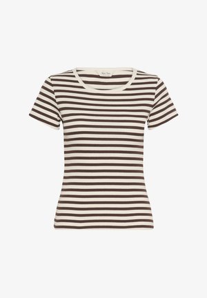 Raidallinen lyhythihainen t-paita kreemissä ja tummanruskeassa, jossa on pyöreä kaula-aukko ja ribbikuvio, vartalonmyötäinen malli tiukkaan istuvuuteen.