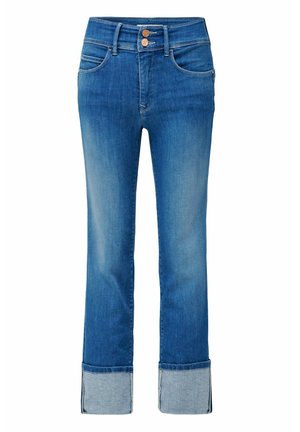 Denim jeans in a medium blue wash with a straight leg cut, featuring two buttons, stitch detailing, and rolled hems in a lighter blue.