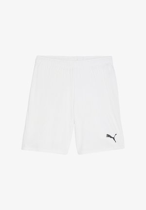 Witte sportshorts van lichte stof, met een elastische tailleband en een klein zwart logo aan de onderkant aan de linkerkant.