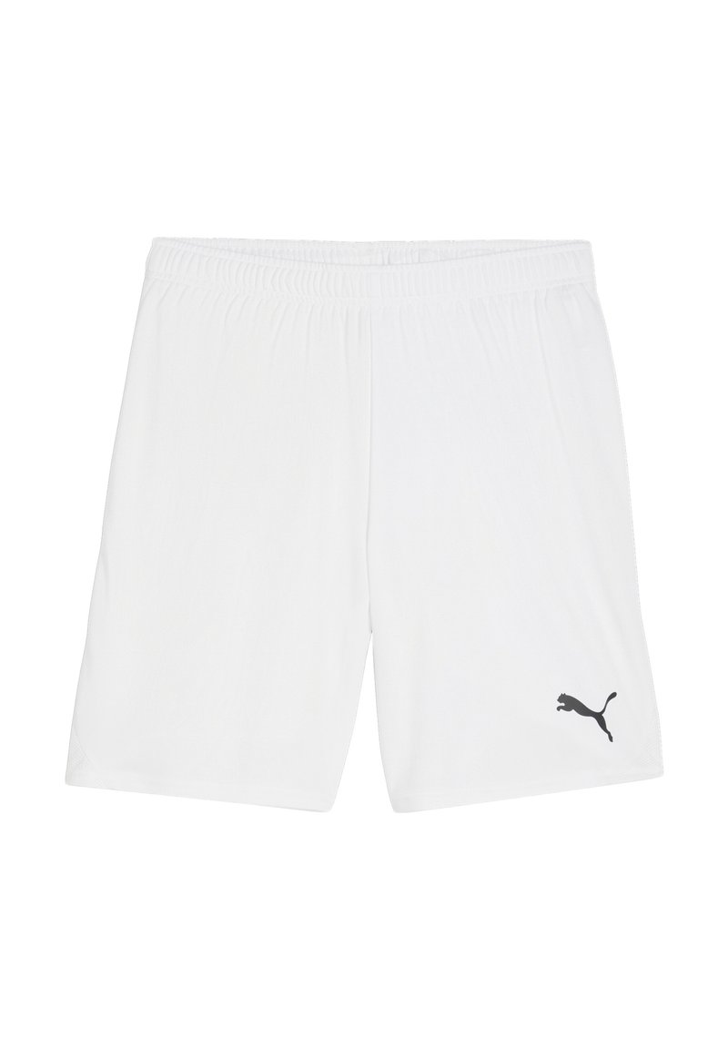 Weiße Sportshorts aus leichtem Material, mit einem elastischen Bund und einem kleinen schwarzen Logo auf der unteren linken Seite.