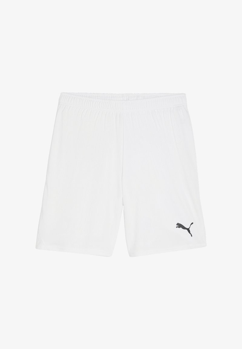 Weiße Sportshorts aus leichtem Material, mit einem elastischen Bund und einem kleinen schwarzen Logo auf der unteren linken Seite.