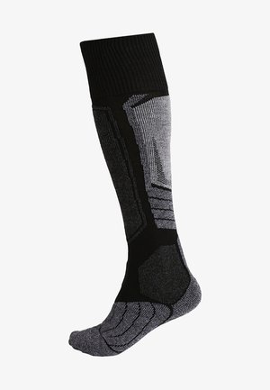 Knee-high socks in black and gray featuring a ribbed top, textured knit pattern, and reinforced toe with geometric detailing.