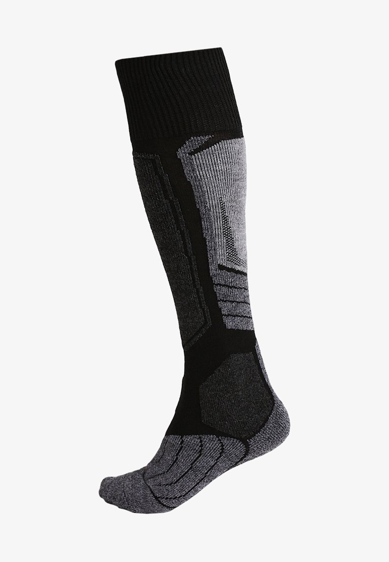 Calcetines hasta la rodilla en negro y gris con un ribete en la parte superior, un patrón de punto texturizado y una puntera reforzada con detalles geométricos.