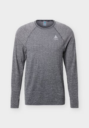 Herre langærmet, grå, tekstureret atletiktrøje med rund hals og lille hvidt logo på brystet.