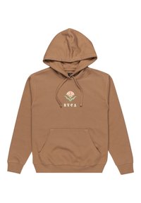 Brun hoodie i bomull med dragsko i huvan, kenguruficka och frontlogotyp med blommor. Slät textur och ribbade ärmslut.