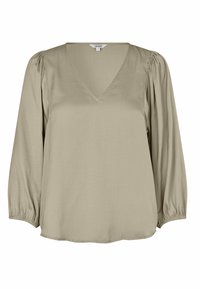 Olivegrüne Bluse mit V-Ausschnitt, langen Puffärmeln, glatter Textur und lockerer Passform. Mit geradem Saum.