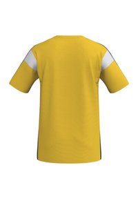 T-shirt de sport jaune à manches courtes, tissu texturé, bandes latérales noires et accents blancs aux épaules, conçu pour le confort et la mobilité.