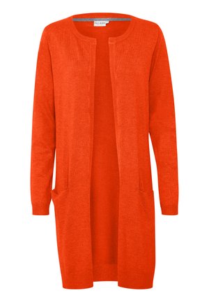 Lång öppen cardigan i stark orange, stickad textur, ribbstickade ärmar och två framfickor, lämplig för lager-på-lager.