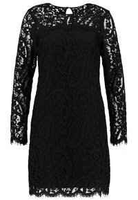 Czarna mini sukienka z długim rękawem, z koronkowym overlayem w kwiaty, przezroczystymi koronkowymi rękawami, szczegółem w kształcie łezki na dekolcie oraz falbaniastym dołem.
